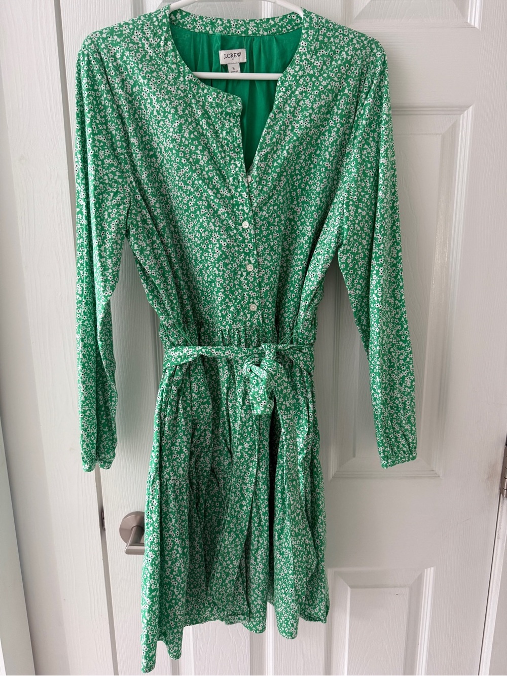 J. Crew Green Floral Button-Front Belted Long-Sleeve Dress